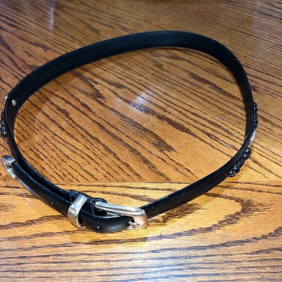 CABELAS Western Black Leather & Heavy Silver Tone Star Motif Belt -Size 42 - EUC - Picture 1 of 12